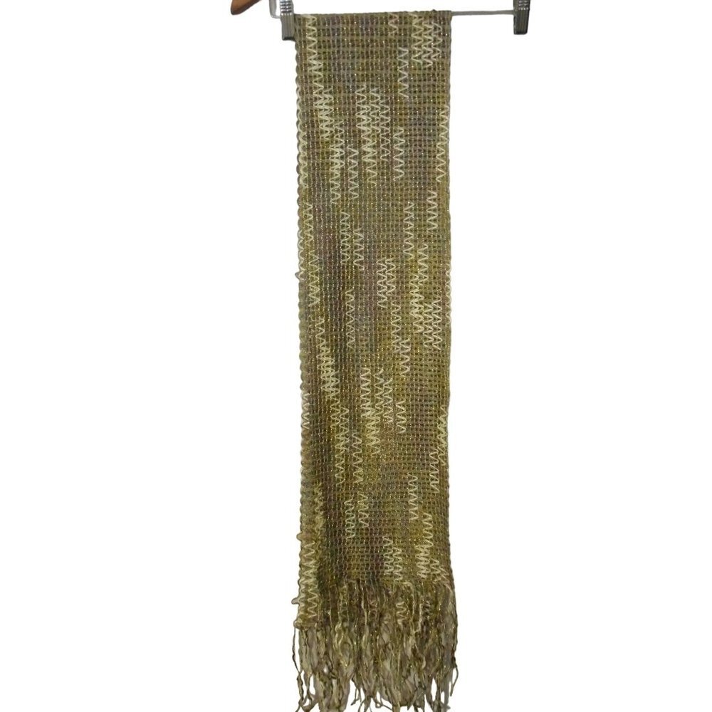 NWT Beige Tan Gold Fringe rectangle loose woven scarf - Estate Find
